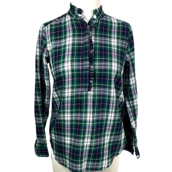 Ann Taylor Loft Soft Flannel Shirt Henley Green Plaid Front Ruffle Top Large - Picture 1 of 7